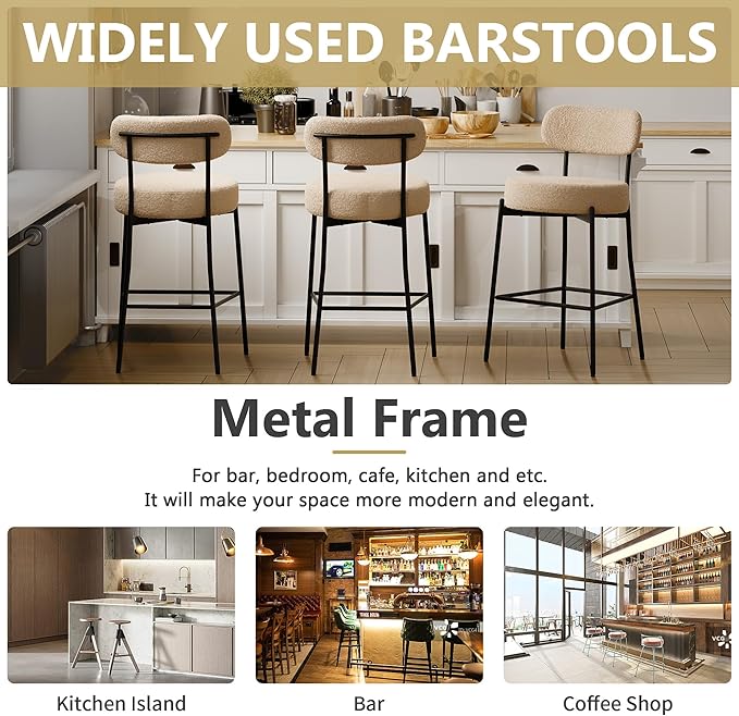 DYHOME Bar Stools Set of 6, Upholstered 28 Inches Boucle Counter Height Bar Stools with Back & Metal Legs, Modern Metal Tall Barstools for Kitchen Island, Light Brown