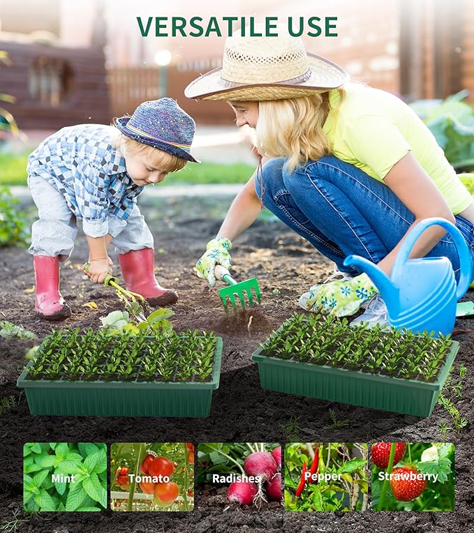 Seed Starter Tray, 120-Cells Seed Starter Kit with Grow Light, 2 Pack Reusable Seeding Starter Trays with Air Vent Humidity Domes for Greenhouse Gardening Indoor Planting Growing (Green Base)