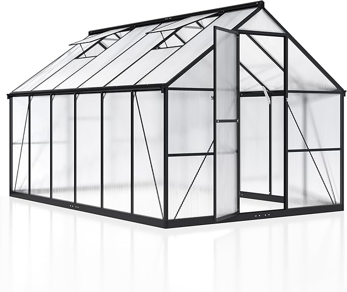 8×12 FT Greenhouse for Outdoors, Quick Setup Polycarbonate Greenhouse with Roof Vent, Walk in Green Houses for Outside for Outdoor Garden Backyard, Black