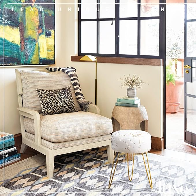 LUE BONA Vanity Stool, Gold Vanity Stools for Makeup Room, Round Ottoman Foot Stool, Velvet Footrest Vanity Chair for Bathroom Vanity, Bedroom, Living Room, Entryway, Offices