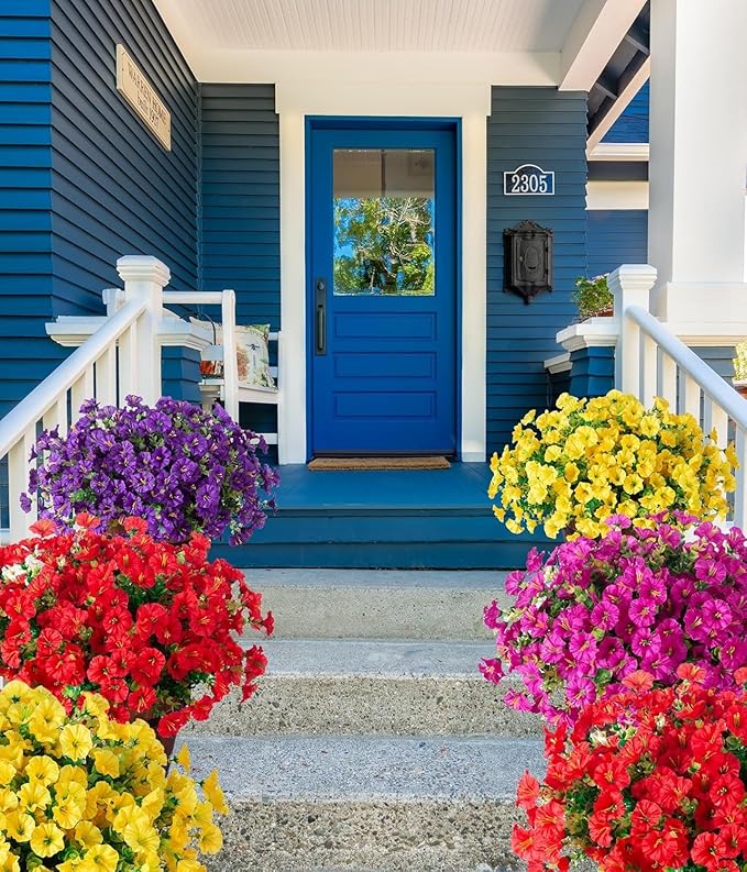 Artificial Flowers Fake Plants for Outdoors Decoration, 12 Bundles Red Silk Morning Glory with Eucalyptus Realistic UV Resistant Faux Flowers Greenery for Outside Planter Yard Garden Home Indoor Patio