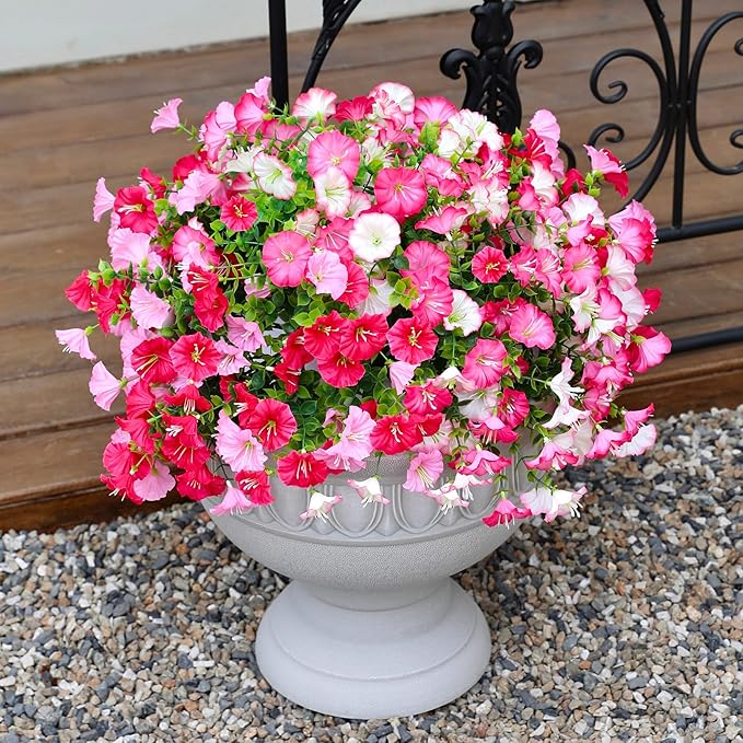 Artificial Flowers for Outdoor, Fake Flowers Faux Plants for Outside Indoor, 4PCS Summer Decor, Morning Glory Petunia UV Resistant, for Garden Porch Window Box Home Planters (Dark Pink&White Bulk)