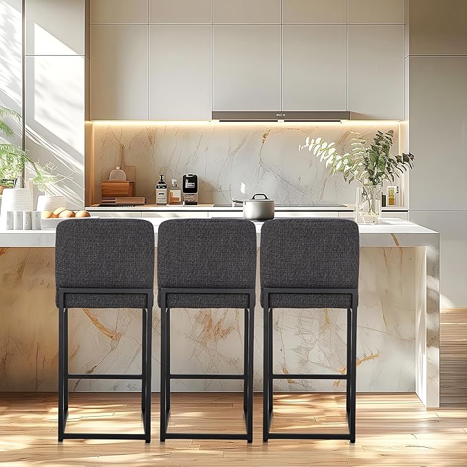 ALPHA HOME 24" Bar Stools Set of 2 Kitchen Counter Stools with Back, Counter Height Stools with Upholstered Footrest for Kitchen Island, Metal Steel Frame, Chenille, Darkgray