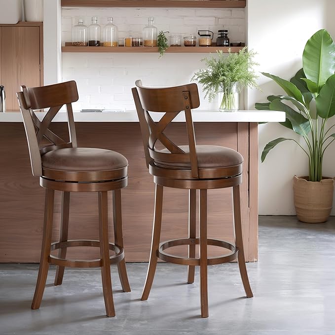 ALPHA HOME Swivel Bar Stools Set of 6, Kitchen Stools with Backs, 30 Inch Wooden Bar Stools, 360 Degrees Swivel Chair with Upholstered, Wrap-Around Footrest Counter Chair, Cappuccino