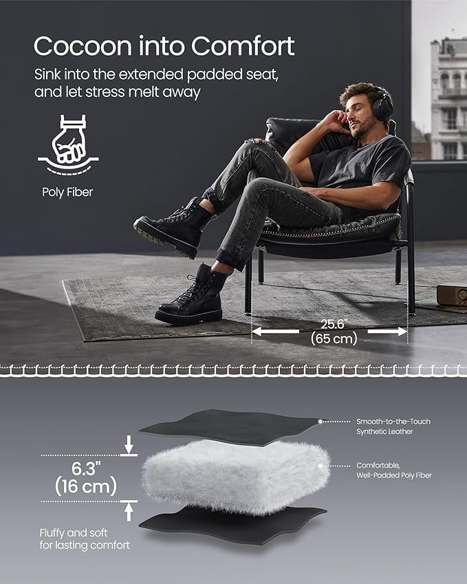 VASAGLE EKHO Collection - Accent Chair, Metal Framed Armchair, Synthetic Leather with Stitching, Mid-Century Modern, Sling Chair for Living, Bedroom, Reading Room, Lounge, Ink Black ULAC014B01