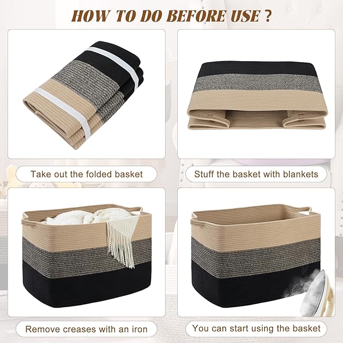 Large Blanket Basket, 60 L Rectangle Storage Baskets for Organizing, Woven Laundry Basket for Blankets, Cotton rope Blanket Storage for Living Room, Nursery Room, Brown&Black