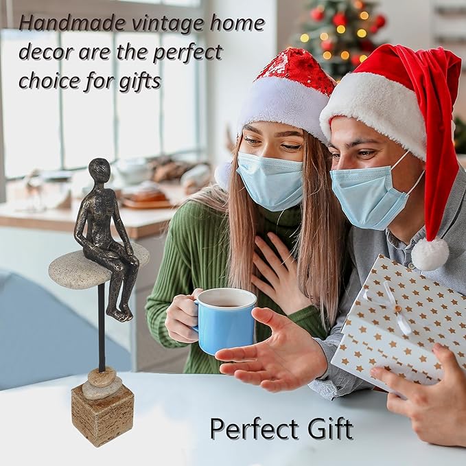 Zen Meditation Sculpture - Multi-Texture Resin Art Piece with Stone/Metal/Wood Effects, Abstract Seated Figure for Office Desk & Mindfulness Spaces