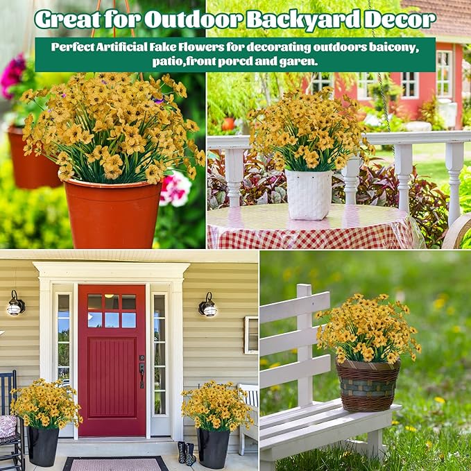 Lnoicy 24 Pcs Artificial Flowers for Outdoor,Plastic Flowers Decoration, UV Resistant Faux Flowers Shrubs, Artificial Plants for Indoor Outside Garden Home Wedding Farmhouse(Yellow)