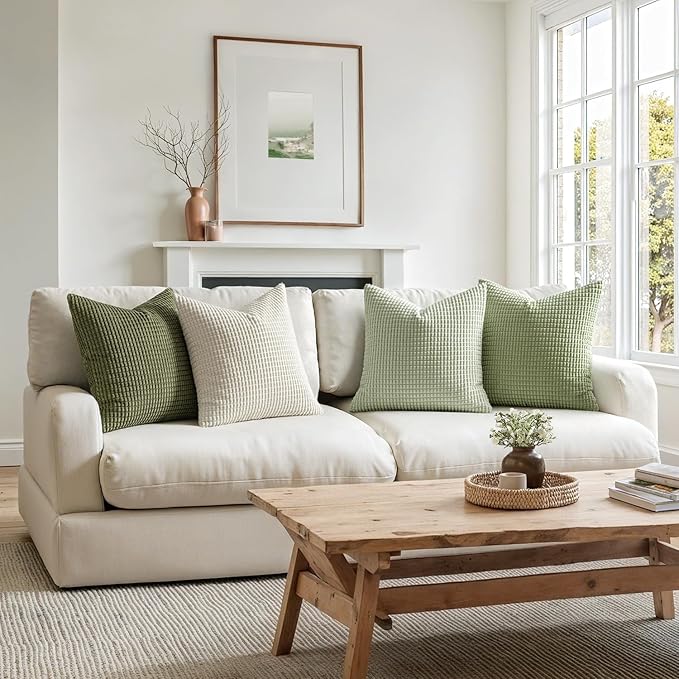 MIULEE Modern Farmhouse Decorative Lumbar Pillow Covers 20x20 Inch Set of 4 Natural Rustic Throw Pillows Neutral Warm Soft Corduroy Couch Pillowcases Home Decor for Sofa Living Room Bed Light Green