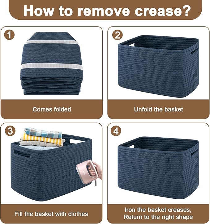 Storage Baskets for Organizing, Woven Decorative Baskets for Shelves - Books, Towels, and Clothes, Cotton Rope Toy Storage Bins, 12.7''Lx9''Wx7.8''H, Pack of 4, Blue