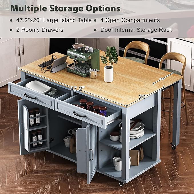 Merax Rolling Kitchen Island on Wheels with Extendable Dining Table & Power Outlet, Wood Kitchen Cart on Wheels with Internal Storage Rack,2 Drawers & 2 Cabinets, 47" Wide Grey Blue