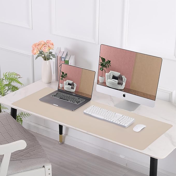 AFIING Leather Desk pad Protector, Large Non-Slip Office Desk Mat with Natural Cork & PU Leather, Waterproof Writing Mouse Pad for Office and Home (31.5in*17in,Beige)