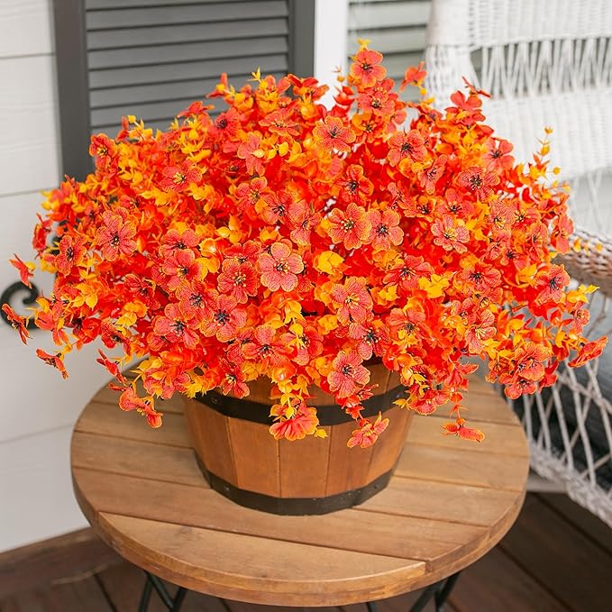 Ivydale Fall Flowers Artificial for Decoration Outdoors Fake Mums 12 Bundles Faux Planters UV Resistant Look Real for Autumn Home Porch Patio Garden Yard, Fall-Orange