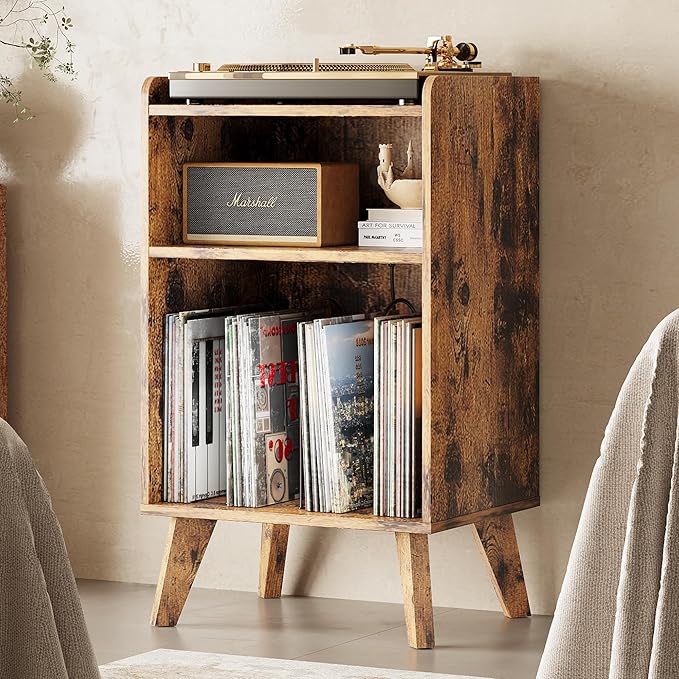 Record Player Stand, Turntable Stand with Record Storage and Charging Station & USB Ports, Record Player Table with Metal Divider, Record Stand Up to 160 Albums for Living Room, Bedroom Brown