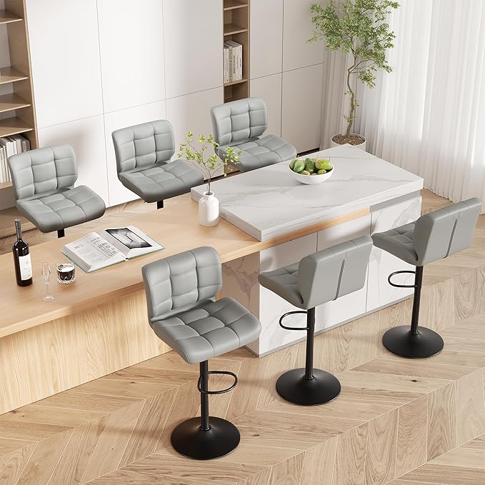 Modern Bar Stools Set of 2, Faux Leather Upholstered Swivel Bar Stools, Adjustable Counter Height Bar Chairs with High Back and Footrest for Kitchen Island (Light Grey)