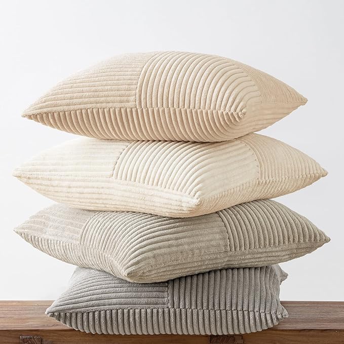 MIULEE Neutral Decorative Throw Pillow Covers 16x16 Inch Set of 4 for Livingroom Couch Sofa Modern Farmhouse Soft Corduroy Cushion Cases Striped Patchwork Home Decor (Cream,Grey)