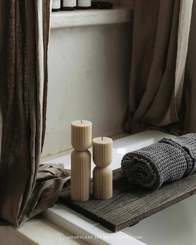 LAWA Hourglass Pillar Candle - Large Beautiful Handmade Pillar Scented Soy Wax Candle Elegant Bubble Aesthetic Candle Housewarming Gift Home Room Shelf Decor Idea Sandstone (Set of 2)