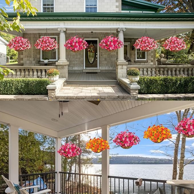 Artificial Hanging Faux Flowers Basket, Fake Silk Petunias Plants Arrangement,for Spring Summer Outdoor Decoration,UV Resistant, Morning Glorias,for Home Garden Decor (Dark&Light Pink)