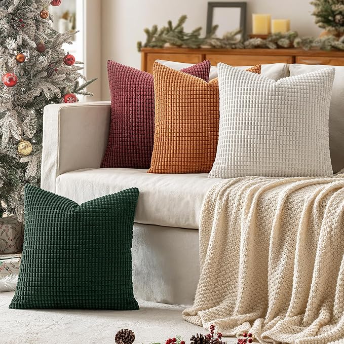 MIULEE Modern Farmhouse Decorative Pillow Covers 18x18 Inch Set of 4 Natural Rustic Throw Pillows Neutral Warm Soft Corduroy Couch Pillowcases Home Decor for Sofa Living Room Bed Christmas Red