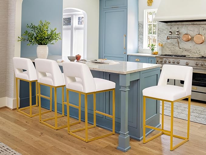 White and Gold Counter Height Bar Stools Set of 4 for Kitchen Counter Modern Bar Chairs with Backs for Kitchen Island with Upholstered Faux Leather Seat and Metal Frame, 26 Inch