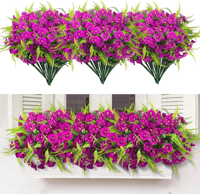 Artificial Flowers Outdoors 12 Bundles Artificial Petunias Fake Flowers UV Resistant Shrubs Plants with Fern for Indoor Outside Hanging Planters Home Garden Summer Decorations (Magenta)