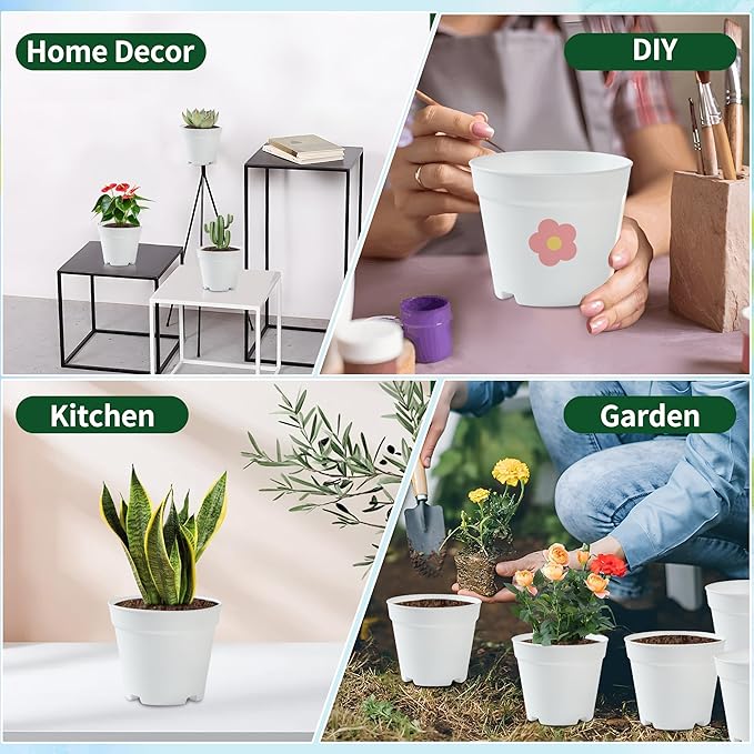 14 Pack 4 Inch Plant Pots, Small Plastic Flower Pots with Drainages and Saucers, Easy Plant Stackable & Reusable Nursery Decorative Garden Planters Pots for Home Indoor or Outdoor Plants, White