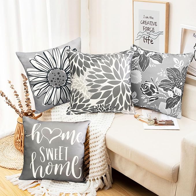 Decorative Throw Pillow Covers Set of 4 Grey Pillow Covers 22x22 inch Square Linen Throw Pillow Cases Modern Farmhouse Outdoor Couch Pillow Cover for Sofa Bedroom Living Room(Gray)