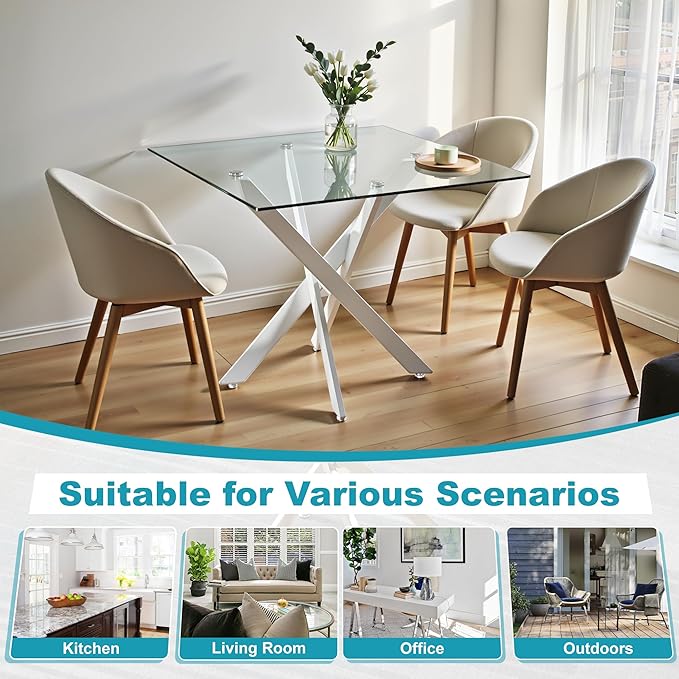 Dining Table for 4 Modern 35.43" Rectangular Glass Dining Table Kitchen & Dining Room Tables with Metal Base for Dining Room and Apartment, Matte White