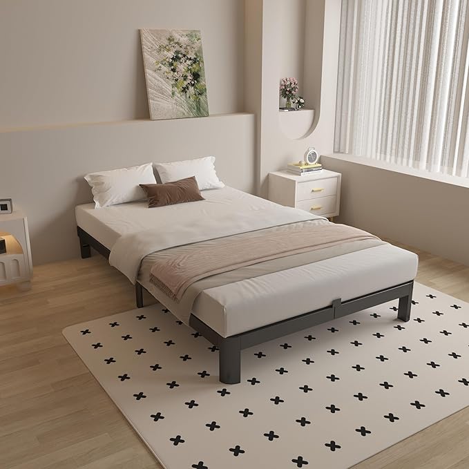Queen Bed Frame 4 Inch Black, Metal Platform Bed Frame Queen Size with Baffles, No Box Spring Needed, Heavy Duty Steel Support, Rounded Corner Design, Reserved Holes, Noise Free, Easy Assembly
