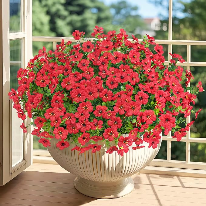 20 Bundles Artificial Flowers for Outdoors Decoration Fake Silk Flowers UV Resistant Faux Plants Artificial Daisy Eucalyptus for Spring Summer Garden Yard Porch Window Home Decor, Red