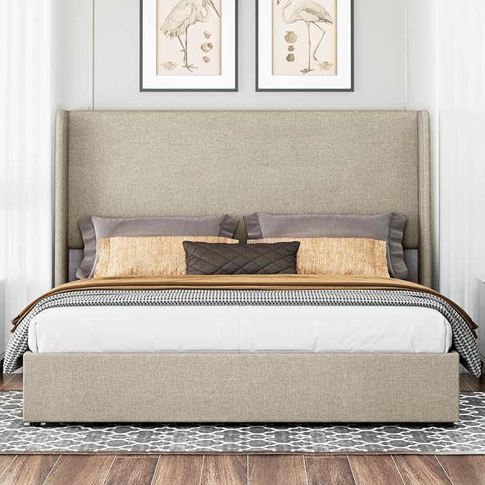 Jocisland Queen Size Bed Frame Lift Up Storage Bed Linen Upholstered Bed Frame with Hydraulic Storage/Wingback Headboard/No Box Spring Needed/Khaki