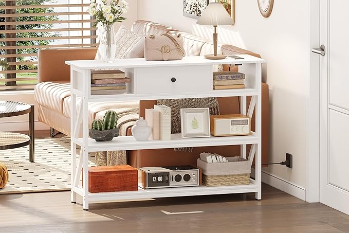 Mexin 39 Inch Console Table with 2 Outlet and 2 USB Ports, Entryway Table with Drawer and Storage Shelves, Narrow Sofa Table for Living Room and Hallway, White