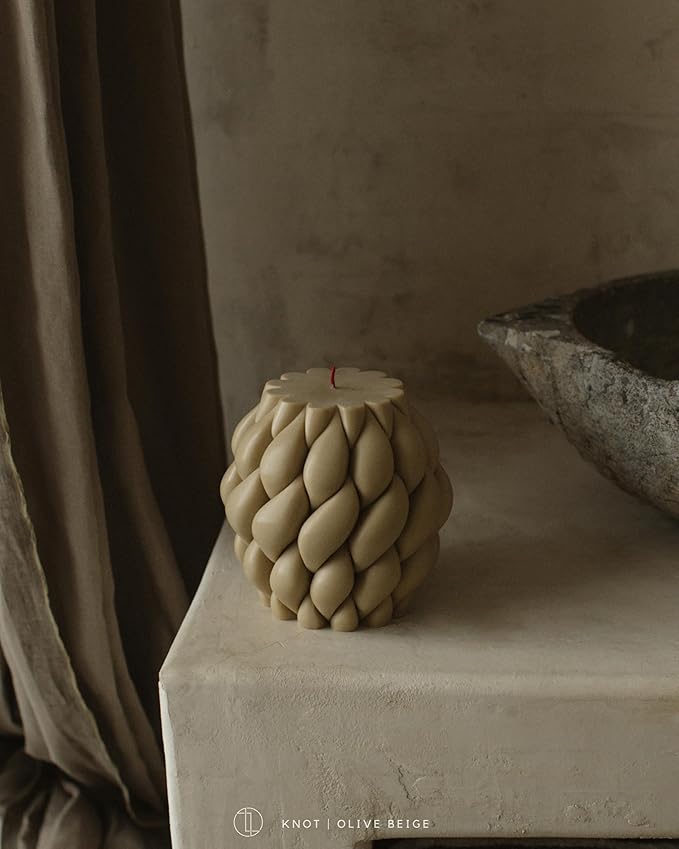 LAWA Knot Ball Candle - Large Beautiful Handmade Pillar Scented Soy Wax Elegant Bubble Aesthetic Candle Housewarming Gift Home Room Shelf Decor Idea Olive Beige