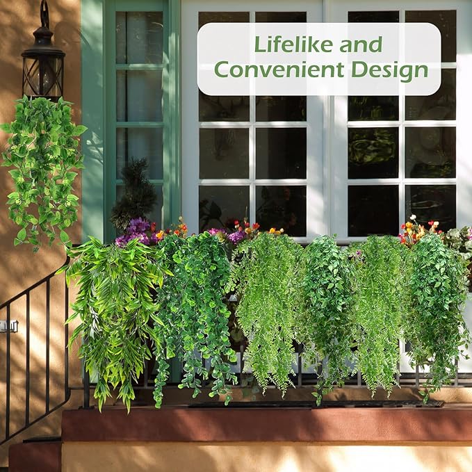 Hoteam 12 Pcs Artificial Hanging Plants 32 Inch Fake Ivy Vines with Fake Leaves Patio Artificial Plants Greenery for Living Room Indoor Outdoor Wall, No Basket (6 Style Mixed)