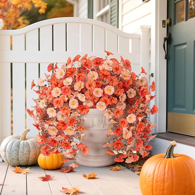 2 PCS Artificial Faux Fall Hanging Flowers Plants for Outdoor,Fake Silk Morning Glory with Eucalyptus UV Resistant Mums for Wall Home Porch Patio Balcony Yard Indoor Decor (Fall Orange+Light Orange)