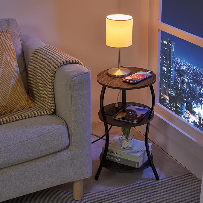 Small Round Side Table with Charging Station, 3-Tier Waist Circular End Table with Storage Shelf, Compact Tea Sofa Side Table Small Spaces, Round Corner Coffee Table for Living Room Bedroon,Grey