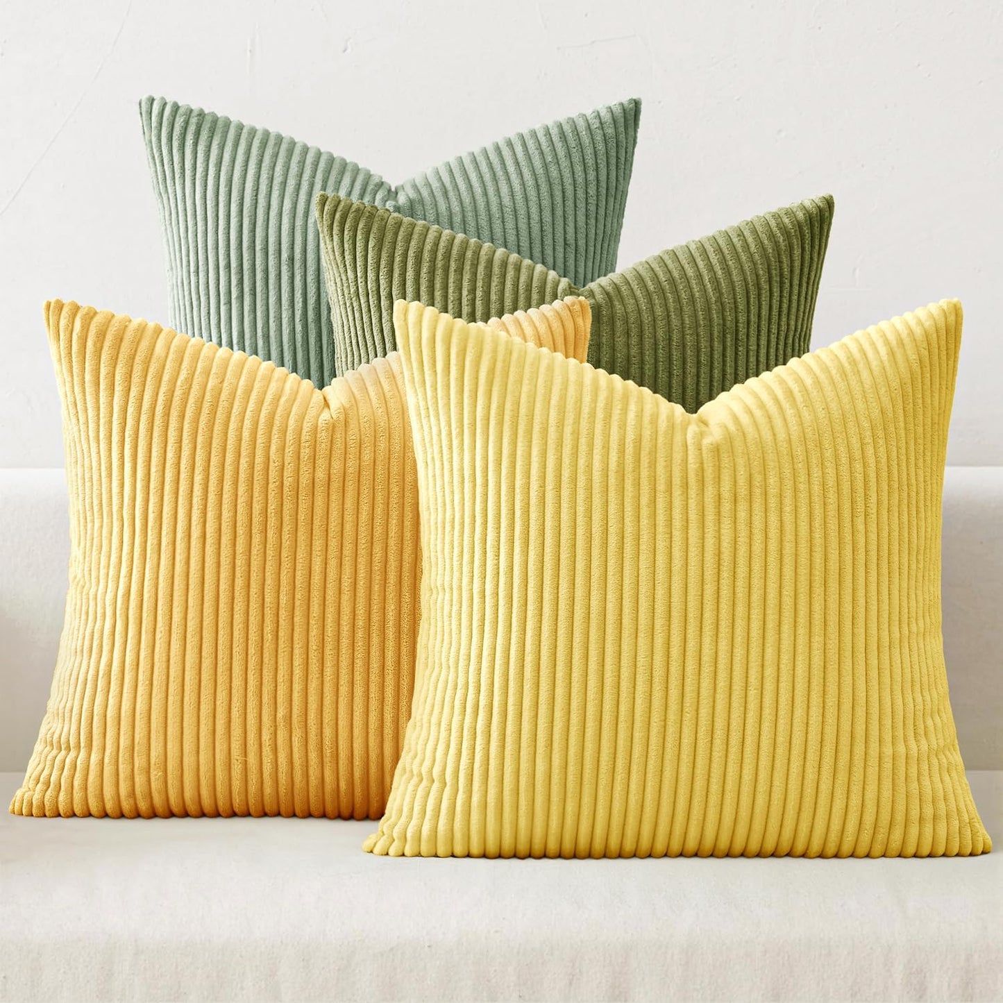 MIULEE Boho Farmhouse Yellow Green Throw Pillow Covers 18x18 Inch Set of 4 Mordern Nordic Cushion Covers Soft Corduroy Home Decor for Couch Bed Sofa Living Room