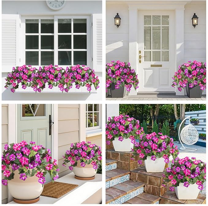 4PCS Artificial Fake Flowers Plants for Spring Summer Decoration,No Fade Faux Petunias,UV Resistant Realistic Silk Flowers,for Home Garden Balcony Yard Porch Deco (Fuchsia)