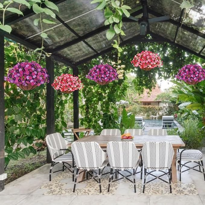 Artificial Hanging Faux Flowers Basket, Fake Silk Petunias Plants Arrangement,for Spring Summer Outdoor Decoration,UV Resistant, Morning Glorias,for Home Garden Decor (Dark Pink&White)