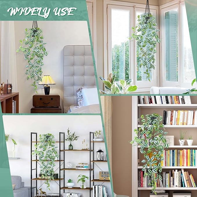 LOYWREE 2 Pack Fake Hanging Plants - Small Potted Plants with Green Eyebrow-Leaf Trailing Vines, Indoor Outdoor Aesthetic Decor for Office, Living Room Shelf & Home Accent (Black Pot)