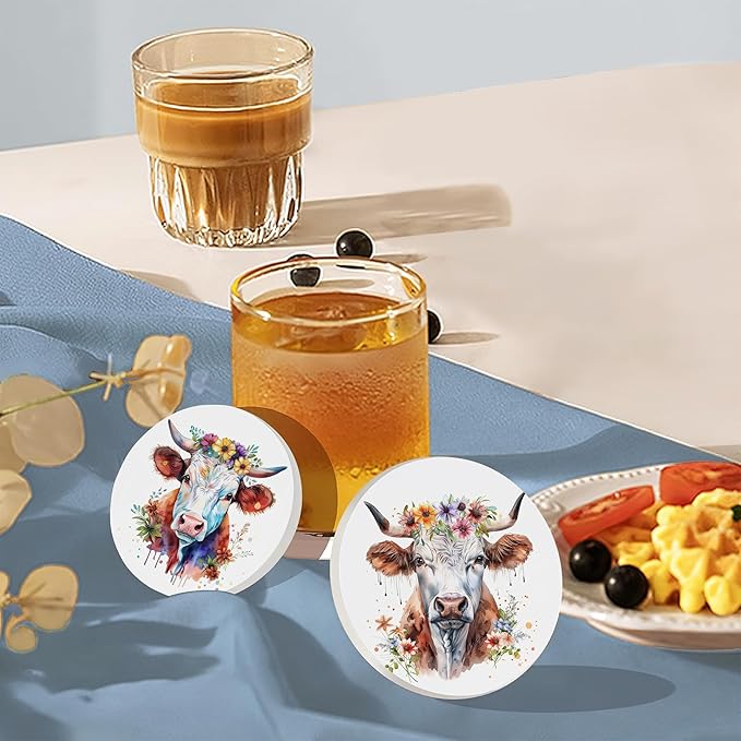 6 Pcs Coasters for Drinks with Holder, Highland Cows Flowers Absorbent Ceramic Coasters with Cork Base,Cute Funny Table Drinks Coasters Tabletop Protection Mat,Table Home Decor,4 Inches