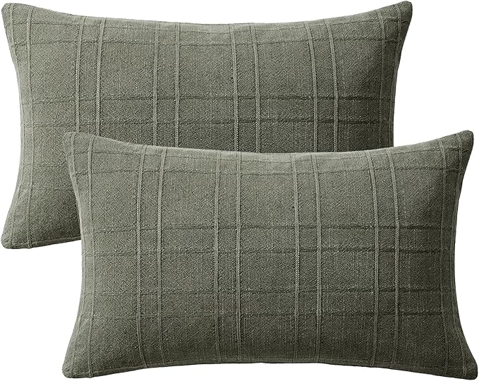MIULEE Decorative Linen Check Lumar Throw Pillow Covers Neutral Farmhouse Vintage Pillow Covers 12x20 Set of 2 Boho Modern Home Decor for Sofa Couch Bedroom Cushion Olive Green