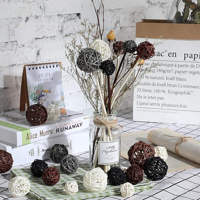 Patelai 36 Pcs Wicker Rattan Balls Decorative Balls for Vase Centerpiece Bowls Orbs Filler for Home Decor,4 Sizes(White, Dark Gray, Brown, Black)