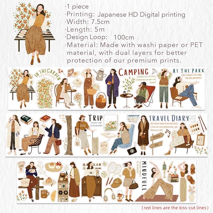 WT Pre-Cut Planner's Day 2 PET Tape, Single Roll, Original Designs, Waterproof Decorative Masking Tape for Journals, Planners, Scrapbooking, DIY Paper Projects