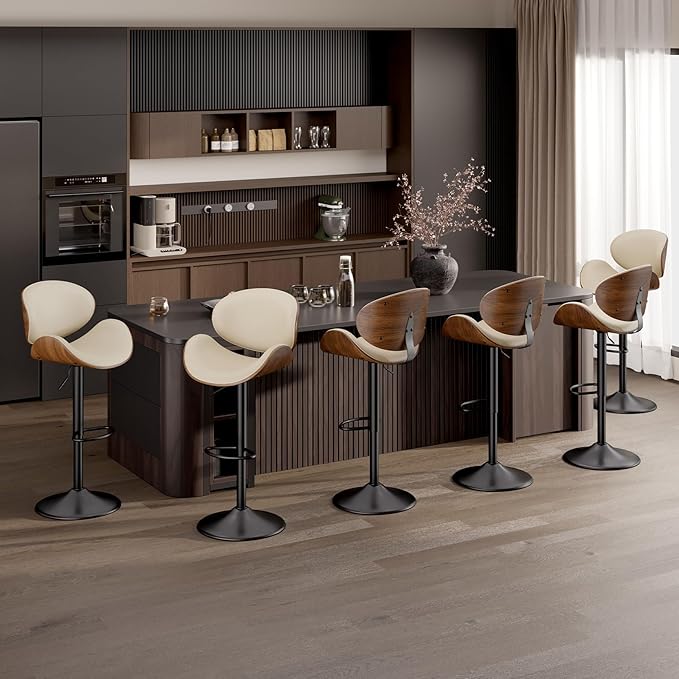 Swivel Bar Stools Set of 2, Seat Adjustable Height 23.5-32.5IN Bentwood Barstools with Back & Footrest, PU Leather Upholstered Counter Height Bar Chairs for Bar Kitchen Dining Room,Beige