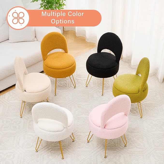 Storage Ottoman Vanity Stool Chair with Folding Back Teddy Velvet Makeup Chair Multifunctional Upholstered Footstool for Bathroom Vanity Bedroom Living Room Entryway