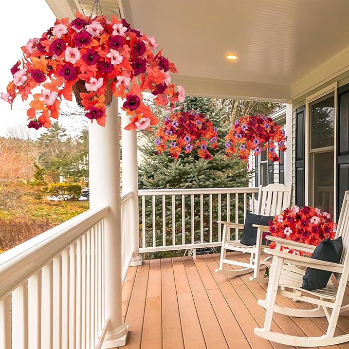 Fake Fall Flowers for Outdoors Decor 2PCS Artificial Flowers Fake Faux Silk Petunias Faux Fall Flower, UV Resistant Autumn Plants for Garden Porch Balcony Realistic Halloween Decoration(Burgundy Pink)