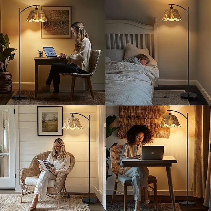 Oneach Arc Floor Lamp for Living Room,Rattan Boho Floor Lamp with Hand-Woven Shade, Foot Switch,Black Metal Base & Pole,Farmhouse Standing Lamp for Bedroom Corner,Reading