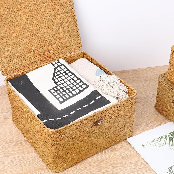 Wicker Shelf Baskets with Lid, Handwoven Seagrass Storage Basket Bins Square Gift Boxes for Shelves Home Decor Organizer (Natural, Small)