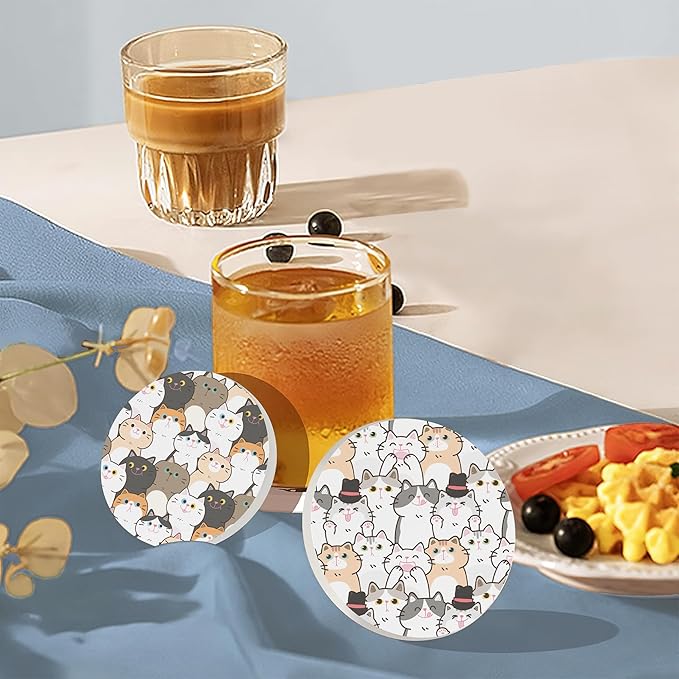 Drink Coasters Set of 6 with Holder, Cute Cats Absorbent Ceramic Coasters with Cork Base,Fit All Cups,Great Gift for Housewarming,Room Decor,Bar,Holiday Party